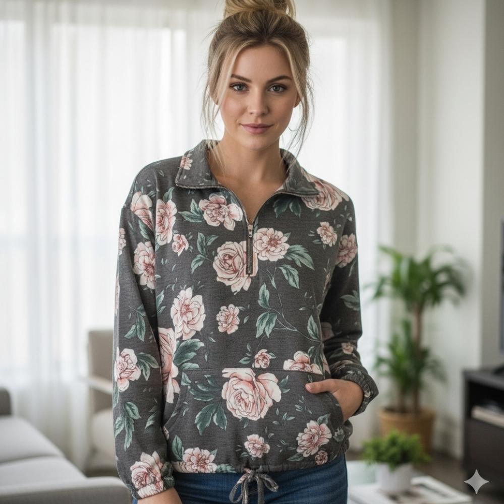 Maurices Womens Small Floral Rose 1/4 Zip Pullover Hem Tie Feminine Sweatshirt